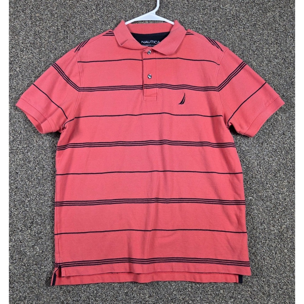 Nautica Polo Shirt Mens M Pink Striped Performance Deck Cotton Blend Preppy 0428